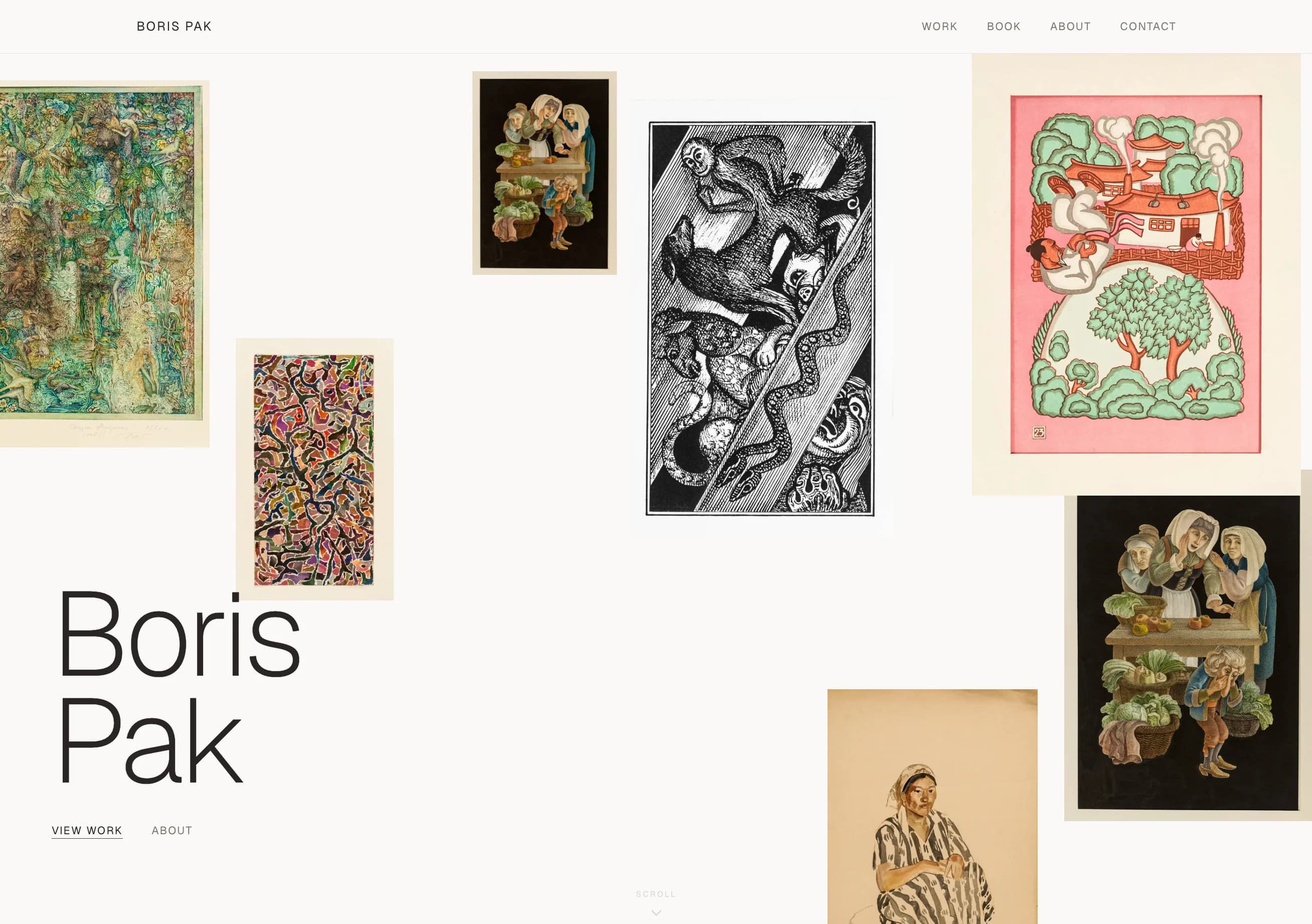 Boris Pak Gallery homepage: artworks scattered asymmetrically across a pale background around large 'Boris Pak' display type, with a minimal Work, Book, About, Contact navigation.